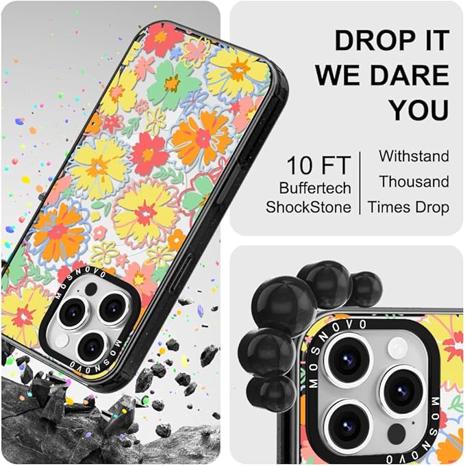 MOSNOVO Magnetic Case for iPhone 16 Pro Max, 10ft Military-Grade Protection, Compatible with Magsafe, Shockproof Phone Case for iPhone 16 Pro Max - Retro Boho Hippie Flowers - Clear Black-DeskLoop Office