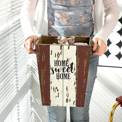 Small Wood Trash Can Wastebasket, Farmhouse Rectangular Garbage Can Waste Basket, Rustic Distressed Wooden Trash Recycling Bin with Metal Handles, Home Sweet Home Wood Storage Basket (Distressed)-DeskLoop Office