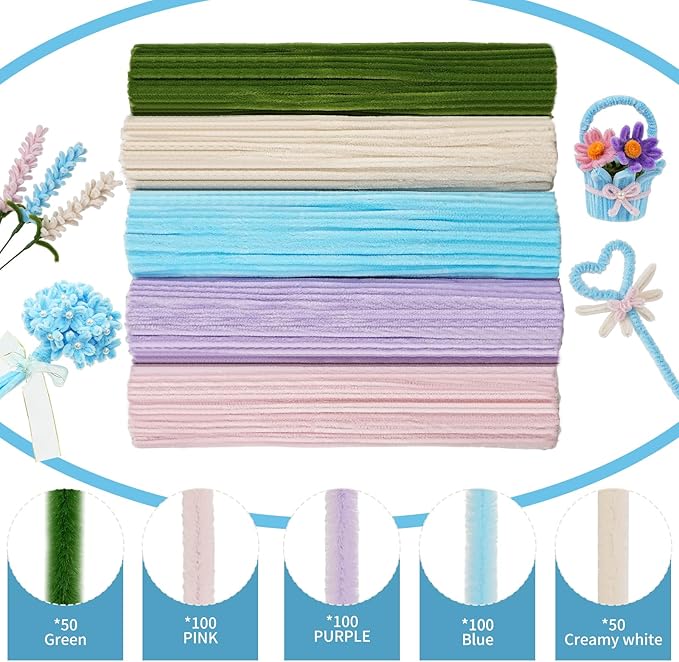 400 Pcs Craft Pipe Cleaners Flowers,5 Assorted Colors Chenille Stems Bulk with Floral Wires, Gardening Tape,Greeting Card,Bouquet Paper,Hot Glue Stick,Pearl & Ribbon,Ideals for Various Types Decor-DeskLoop Office