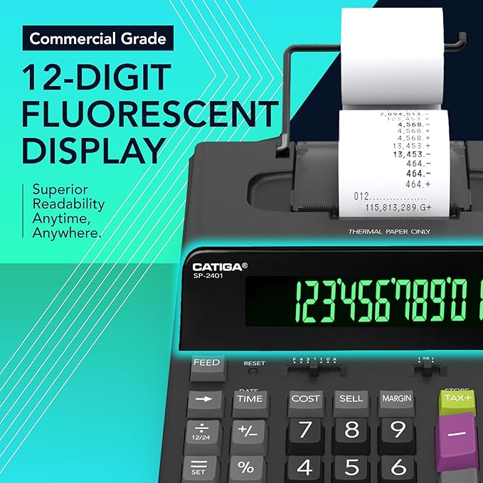 CATIGA 12 Digit Thermal Printing Calculator with Tape Print Out, Ink-Free Adding Machine, 5X Faster Quite at 8.0 LPS, Extra Large Fluorescent Display, Tax Calculation with Clock and Calendar, SP-2401-DeskLoop Office