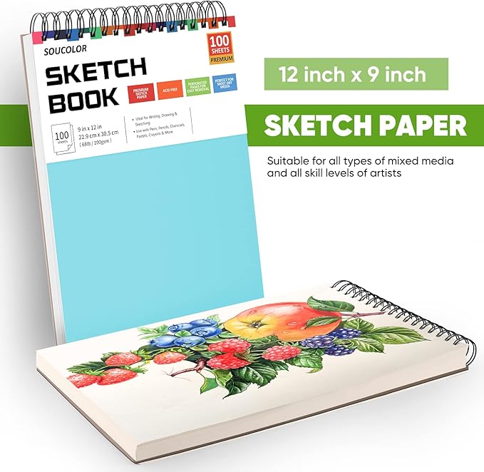Drawing Set Sketching Kit, Pro Art Supplies, Soucolor 9" x 12" Sketch Book, 1-Pack 100 Sheets Spiral Bound Art Sketchbook for Colored Pencils, Graphite, Charcoal, Metallic Pencils, Sketching Pencils-DeskLoop Office