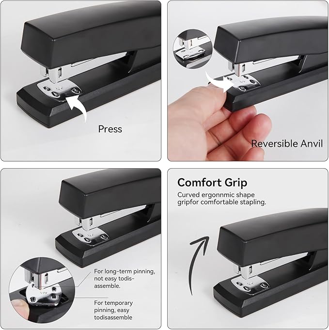 Black Desk Accessories, Office Supplies Set with Stapler, Tape Dispenser, Staple Remover, Pen Holder, Scissor, Binder/Paper Clips, Ballpoint Pen, Clear Tape and 1000pcs Staples-DeskLoop Office