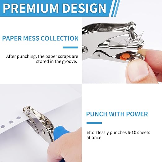 Single Hole Punch, 2 Pcs Hand Hole Puncher with Soft Grip Handle, 1/4" and 1/8" Small Hole Paper Punch for Crafts, Scrapbooks, 6 Sheets Capacity, Tags, Tickets - Blue-DeskLoop Office