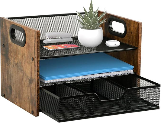 Wood Desk Organizer - 3-Tier Desktop File Organizer with Drawer, Wooden Paper Tray, Office Desk Organzier and Accessories for Papers, Mail, Notebooks, Stationery-DeskLoop Office