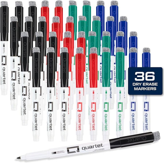 Quartet Dry Erase Markers, Fine Tip White Board Dry Erase Markers with DryGuard Ink Protection, Office Essentials, Black, Red, Blue, Green, 36 Pack (Q120Z03-R)-DeskLoop Office