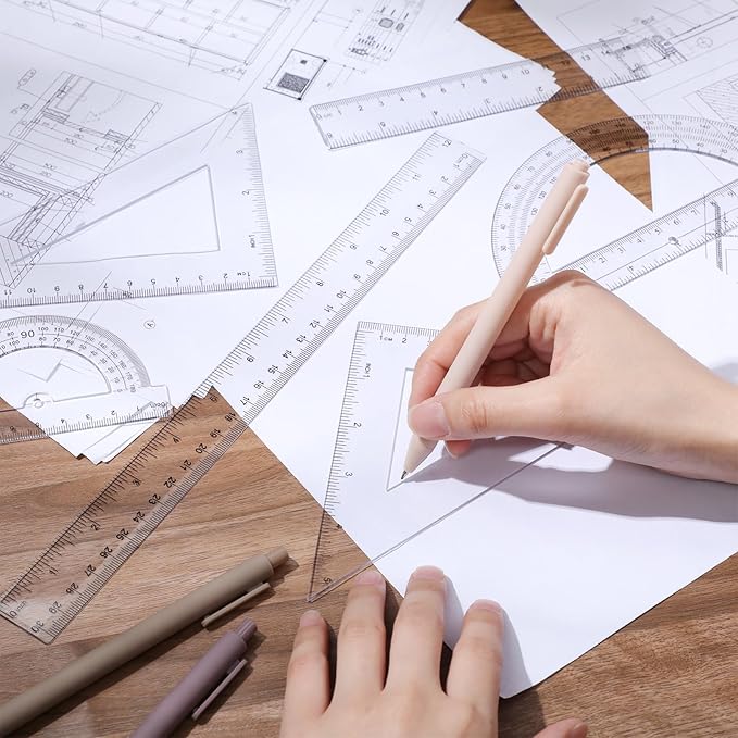 Tenare 6 Pcs Plastic Ruler Math Set Includes 12 Inch 6 Inch Straight Protractor Triangle Geometry Transparent Math Ruler Measuring Tools for School Office Home(Clear)-DeskLoop Office