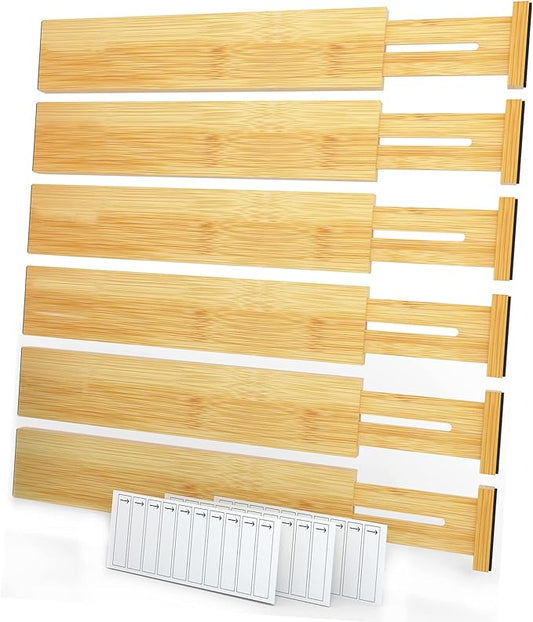 SpaceAid Bamboo Drawer Dividers with Labels, Kitchen Adjustable Drawer Organizers, Expandable Organization for Home, Office, Dressers and Bathroom, 6 Dividers (13.25-17 in)-DeskLoop Office