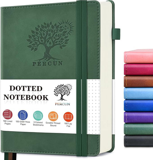 PERCUN Dotted Journal Notebook for Men & Women, 160 Pages Dot Grid notebook for Note Taking, Bullet Journaling Notebook for Work, School, Travel, Writing, A5 Hardcover 5.9" x 8.5"(Green)-DeskLoop Office