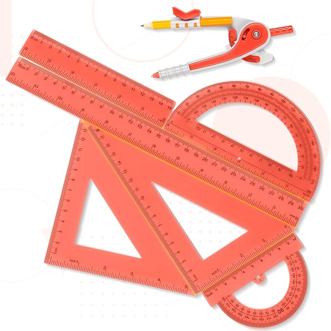 Zonon 1 Set Plastic Geometry Math Set 7 Pcs Includes 6'' / 4 '' Protractor, Drawing Compass, 45/60 Degree Triangle Rulers, 12'' / 6'' Math Ruler Transparent for Office Supplies(Orange)-DeskLoop Office