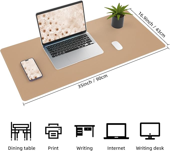 AFIING Leather Desk pad Protector, Large Desk mat with Natural Cork & PU Leather,Mouse pad,Non-Slip Office Desk Mat,Waterproof Desk Writing Pad for Office and Home (35.4in*17in,Dark Apricot)