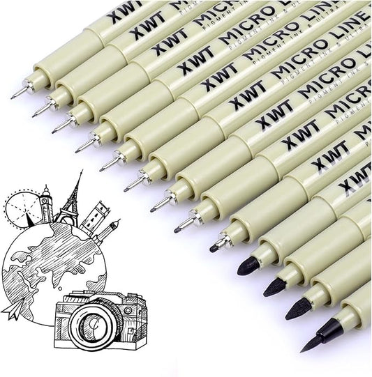 12+1 Fineliner Drawing Art Pens, Black Waterproof Pigment Ink Set for Artists, Sketching, Manga, Watercolor, Calligraphy, and Detail Outlining Archival Quality Inking Markers-DeskLoop Office