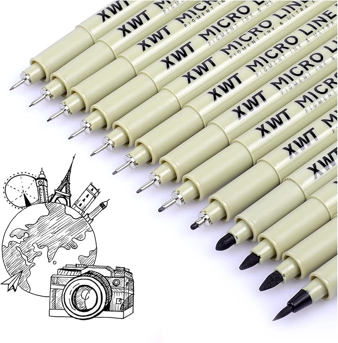 12+1 Fineliner Drawing Art Pens, Black Waterproof Pigment Ink Set for Artists, Sketching, Manga, Watercolor, Calligraphy, and Detail Outlining Archival Quality Inking Markers-DeskLoop Office