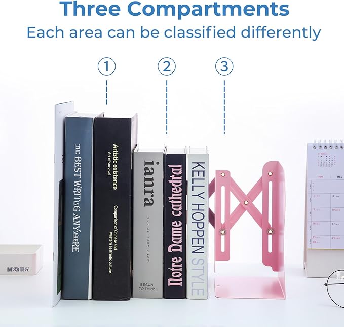 M&G Adjustable Bookends Book Ends for Shelves, Metal Bookend for Heavy Books, Desk Magazine File Organizer Holder Extends up to 20in, Book Stopper for Home, Office, Classroom (Pink)-DeskLoop Office