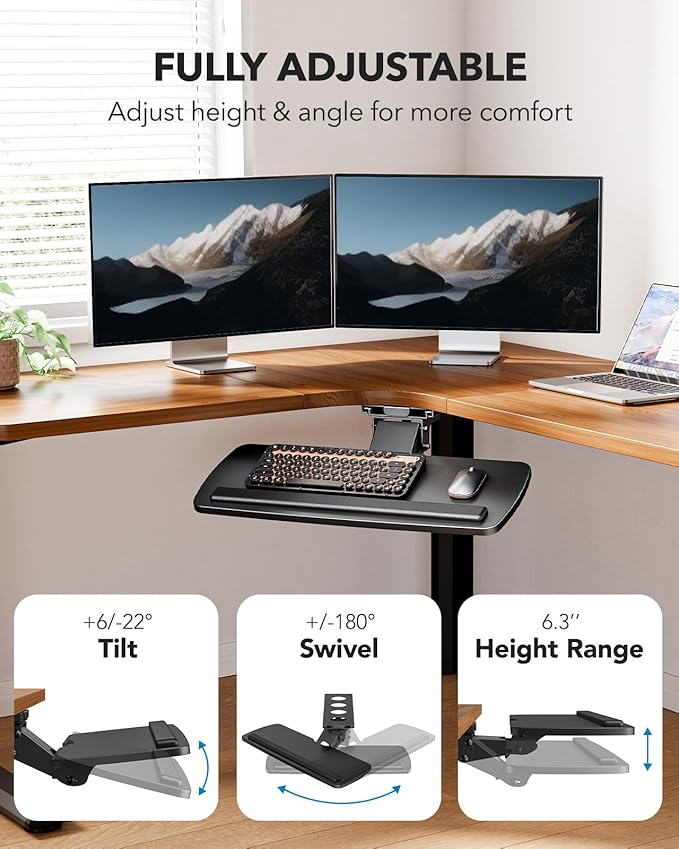 HUANUO Keyboard Tray Under Desk, 360 Adjustable Ergonomic Sliding Keyboard & Mouse Tray, Under Desk Keyboard Tray Slide Out, Keyboard Holder Under Desk for Typing in Home, Office Work, 25"W x 9.84"D-DeskLoop Office