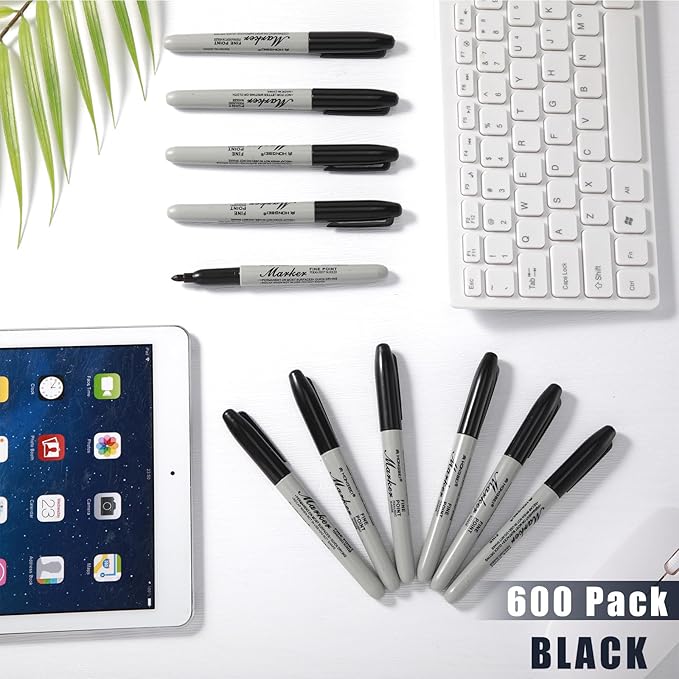 Thenshop 600 Pack Permanent Markers Bulk Black Permanent Marker Set Fine Point Pens Work on Wood, Metal, Stone, Glass-DeskLoop Office