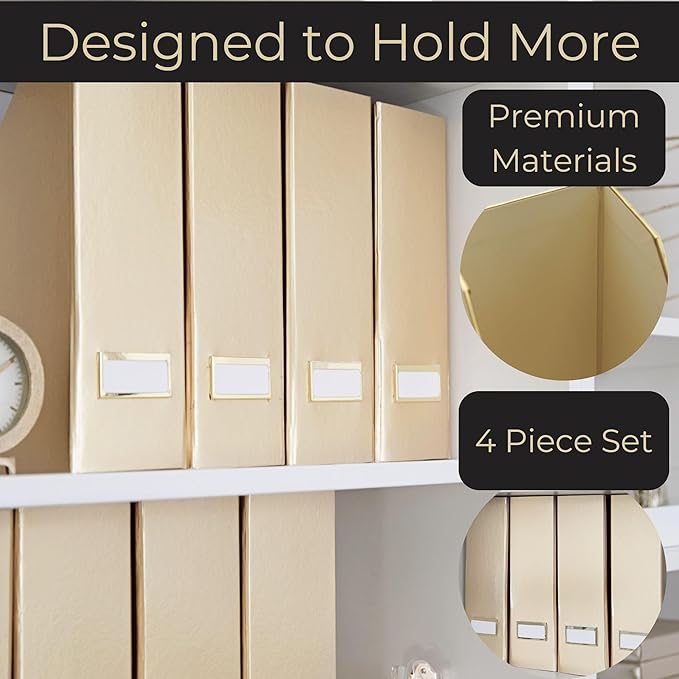 BLU MONACO Gold Magazine File Holder Set of 4 – Stylish Desk Organizer for Home & Office - Elegant Supplies, Bookends & Durable File Holders for a Gold Office Decor-DeskLoop Office