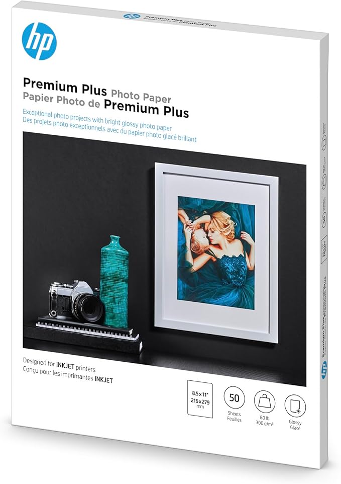 HP Premium Plus Photo Paper, Glossy, 8.5x11 in, 50 sheets (CR664A), White, Pack 1-DeskLoop Office