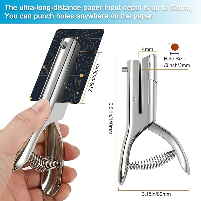 1/8 Inch Single Hole Punch - 2 Inch Reach Deep Throat Heavy Duty Paper Punch - Portable Hand Held Long Reach for ID PVC Cards Plastic Cardboard Photos-DeskLoop Office