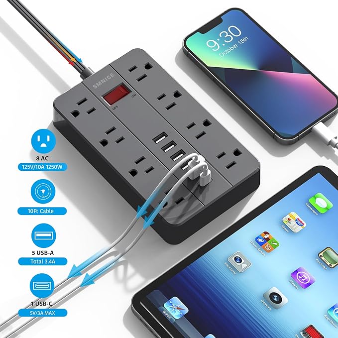 10 Ft Extension Cord Surge Protector, SMNICE 8 Widely Spaced Outlets and 6 USB (1 USB C) Charging Ports Flat Plug Power Strip, Desktop Power Cord for Travel Home Office Accessories Black-DeskLoop Office