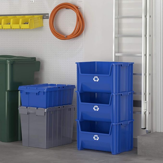 Commercial Industrial Heavy Duty Stackable Open-Front Recycling Bin Box Containers, 12.5 Gallon (Pack of 3), Blue-DeskLoop Office