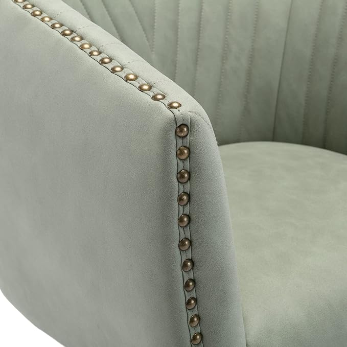 Green Faux Leather Home Office Desk Chair, Upholstered Barrel Swivel Adjustable Arm Desk Chair with Nailheads, Comfy Mid-Back Study Chair with Silent Wheel for Study Office Computer-DeskLoop Office