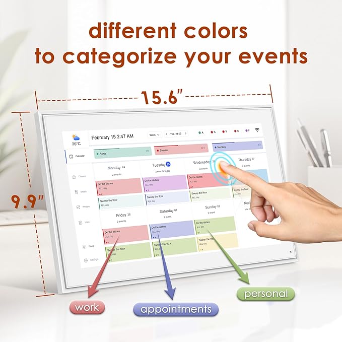 Digital Calendar 15.6 Inch, Electronic Calendar Chore Family Schedules, Smart Weekly and Monthly Planner, 1920 * 1080P IPS Touchscreen Interactive Display - Wall Mount White-DeskLoop Office