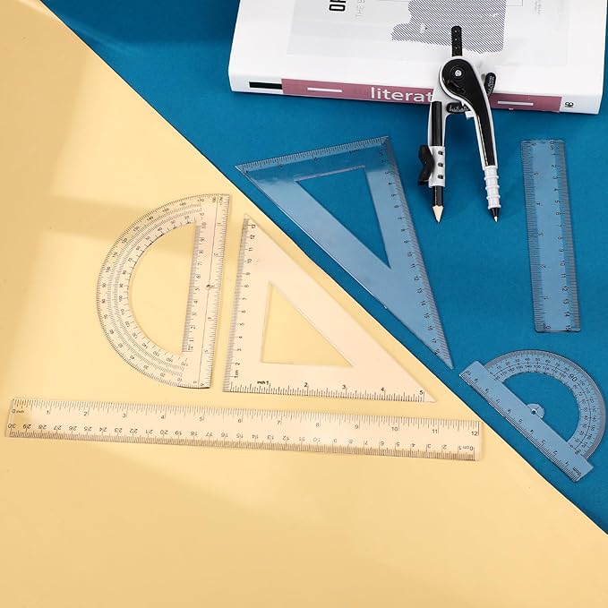 Zonon 1 Set Plastic Geometry Math Set 7 Pcs Includes 6'' / 4 '' Protractor, Drawing Compass, 45/60 Degree Triangle Rulers, 12'' / 6'' Math Ruler Transparent for Office Supplies(Clear)-DeskLoop Office