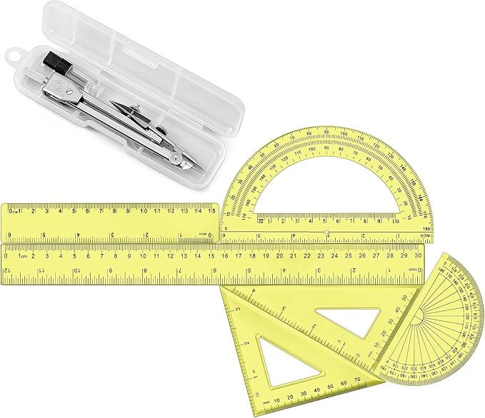 Zonon 1 Set Plastic Geometry Math Set Includes Drawing Compass, 6 Inch 4 Inch Protractor, 45/60 Degree Triangle Rulers 12 Inch 6 Inch Math Ruler Transparent for Office Supplies(Yellow)-DeskLoop Office