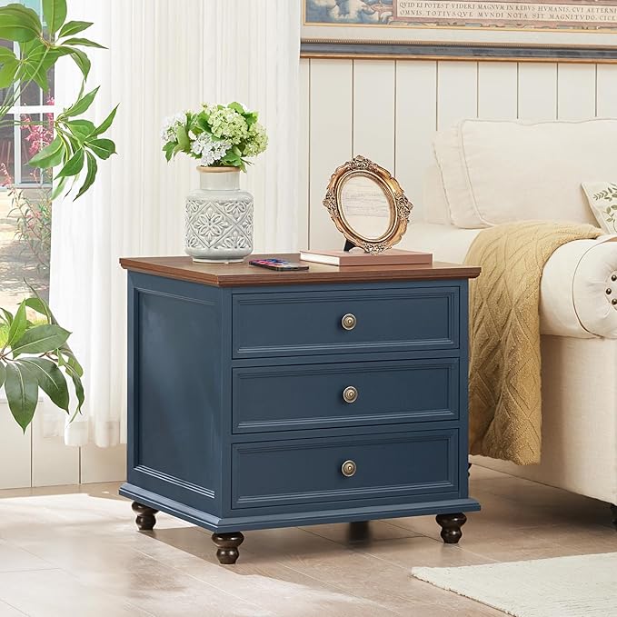 24" Wide Farmhouse Night Stand Set of 2,Large End Table with 3 Drawers & Metal Handle,Blue Wood Dresser for Bedroom Cabinet, Bed Side Table Chest of Drawers,Nightstand for Living Room,Closet-DeskLoop Office