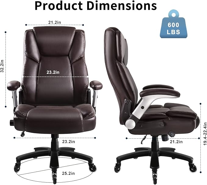 Big and Tall Office Chair 600lbs, Heavy Duty Executive Office Chair for Heavy People, Brown High Back Office Leather Ergonomic Chair with Adjustable Armrests and Lumbar Support for Computer Desk Chair-DeskLoop Office