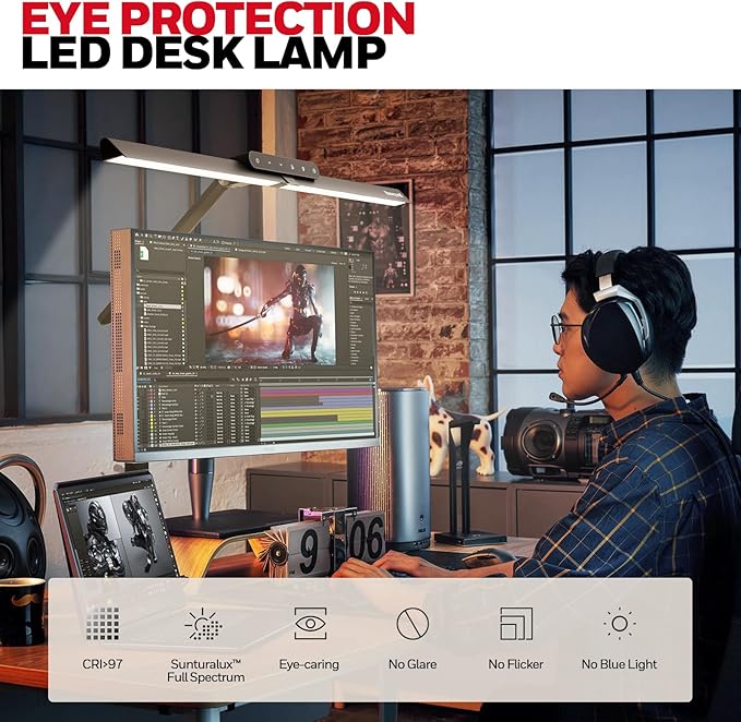 Honeywell LED Desk Lamp with Clamp - HJ1 Sunturalux Eye-Caring Clip on Lights for Home Office, 1200LM Clamp Lamp 4 Color Modes Stepless Dimming Task Desk Light for Working Black-DeskLoop Office