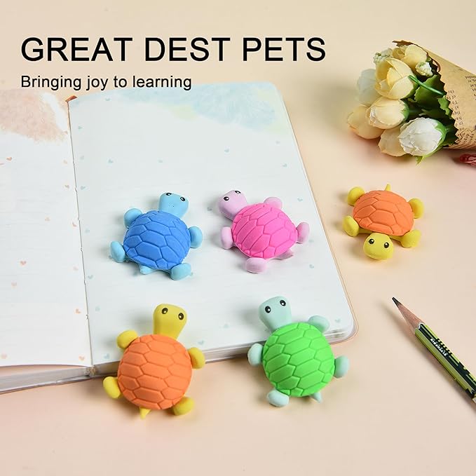 16 Pcs Cute Turtle Pencil Erasers for Kids, Novelty Rubber Turtle Desk Pet Erasers for Classroom Favors Party Supplies-DeskLoop Office