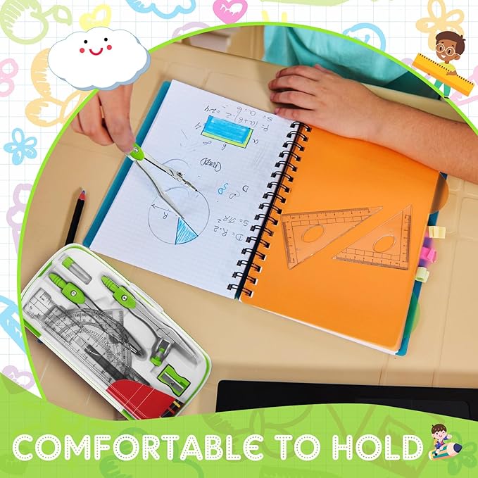 Teling 12 Sets Math Geometry Kit for Students 10 Pcs Compass Geometry Tools Set Includes Rulers Protractor Compass Eraser Pencil Sharpener Lead Refills Pencil (Green)-DeskLoop Office
