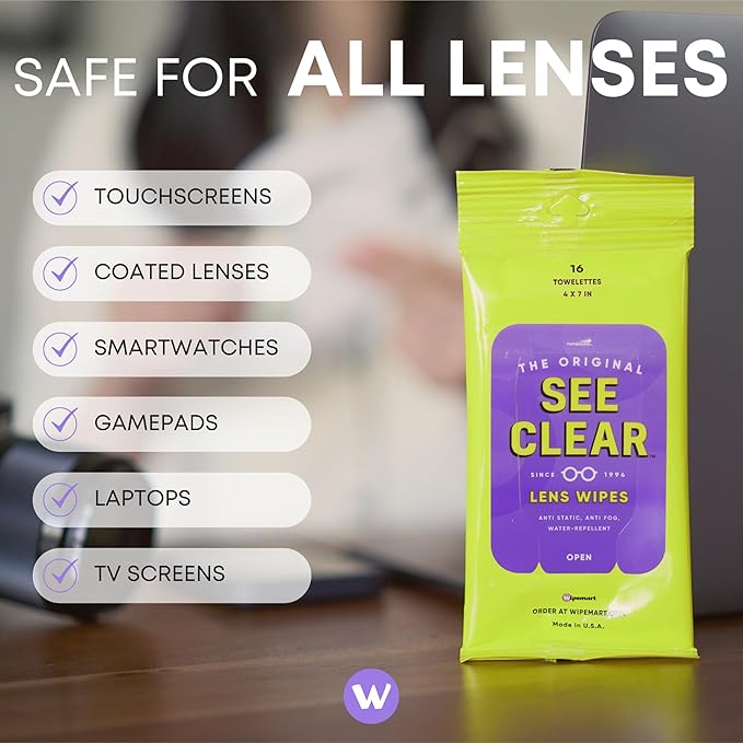See Clear Original Lens Cleaning Wipes - Pre-Moistened Eyeglass & Screen Cleaning Cloth Towelettes - Streak Free, Scratch Free Lens & Electronic Screen Cleaner - 24 Resealable Packs of 16-DeskLoop Office
