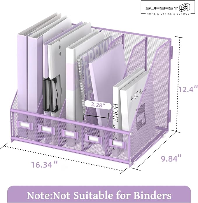 SUPEASY Desk Organizers Metal Desk Magazine File Holder with 5 Vertical Compartments Rack File Organizer for Office Desktop, Home Workspace, Purple-DeskLoop Office