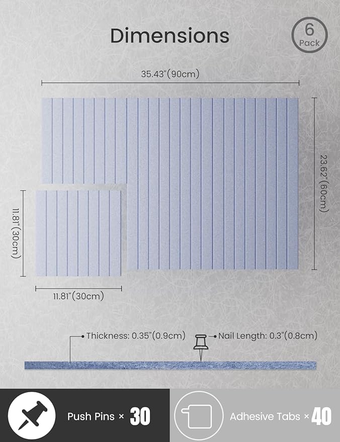 Bumusty Large Cork Board Alternative-36 x24 Felt Bulletin Board Tiles, with 30 Pushpins, 40 Adhesive Tabs, 6-Pack Slat Wall Paneling, Cork Boards for Office Push Pin Board Felt Board-Soft Periwinkle-DeskLoop Office