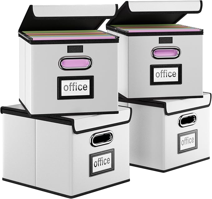 Huolewa Portable Leather File Organizer Boxes with Lids, Office Document Boxes Organizer, Filing Boxes, Decorative Small File Boxes for Hanging Files, File Cabinet for Office/Home - 4 Pack-DeskLoop Office