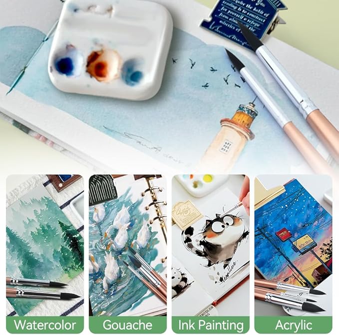 Transon 8pcs Round Watercolor Paint Brush Set Goat Hair for Watercolors,Acrylics,Inks,Gouache,Oil and Tempera-DeskLoop Office