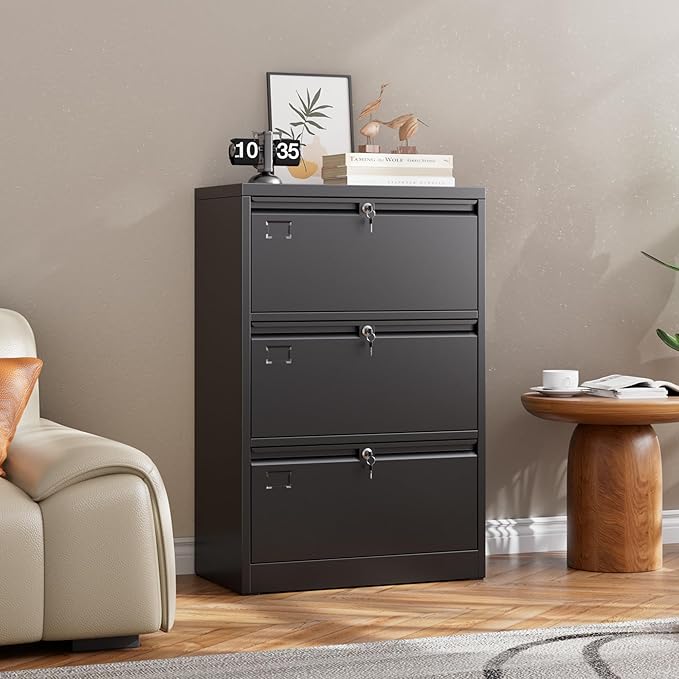 Metal 3 Drawer Lateral File Cabinet with 3 Lock - Wide Filing Cabinet for Letter/Legal/F4/A4 Hanging Files - Includes Business Card Holder,Home Office School Storage,Black-DeskLoop Office
