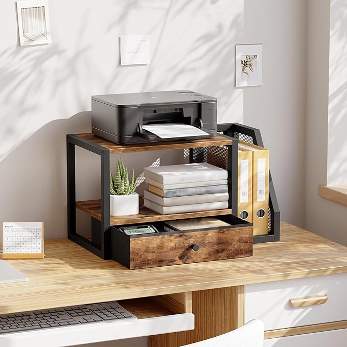 Home Printer Stand for Desk, Desktop Printer Table with Storage Drawer and Side Book Stand, 2-Tier Printer Shelf, Desk Organizer for Home Office, Rustic Brown and Black PTHR3001-DeskLoop Office