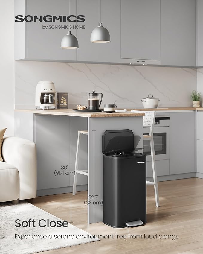 SONGMICS Kitchen Trash Can, 8-Gallon (30 L) Garbage Can with Lid, Stainless Steel, Soft Close and Stays Open, Inner Bucket, Wide Non-Slip Pedal, Ink Black ULTB546B01-DeskLoop Office