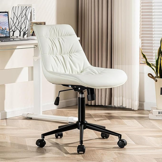 Kidol & Shellder Faux Leather Office Chair, Adjustable Swivel Height Task Chair, Rolling Wheels & Soft Backrest - Armless Ergonomic Desk Chair for Home, Office,Vanity,Gaming(White)-DeskLoop Office