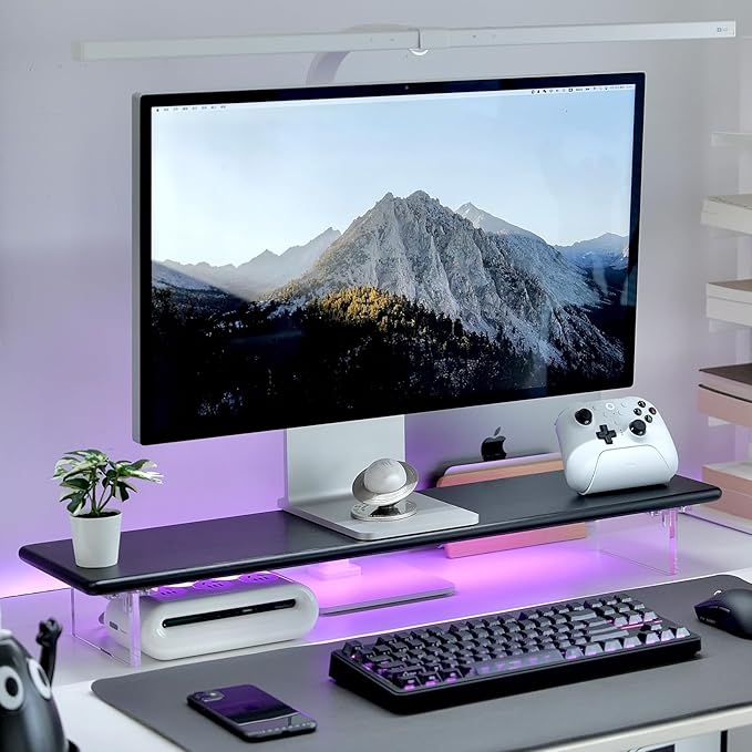 Bamboo Monitor Stand Riser with RGB Lights,31.5 Inches Desktop Shelf with Acrylic Legs Supports for Desk, PC Computer Monitor, Laptops, Printer, Speakers (Black)-DeskLoop Office