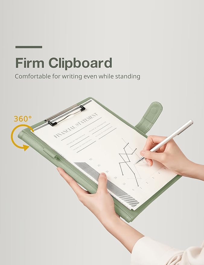 Clipboard Folder Padfolio, Mymazn Writing Portfolio Faux Leather Clipboards with Cover for Legal Pad Holder Letter Size A4 8.5 x 11 for Business Conference Notepad Clip Board (Sage)-DeskLoop Office