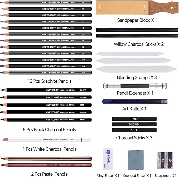 Drawing Sketching Pencils Set, 34 Pieces Pro Art Pencil Kit - Graphite Pencils (14B-4H), Charcoal Pencils, Charcoal Sticks, Artist Pencils for Beginners & Pro Artists-DeskLoop Office