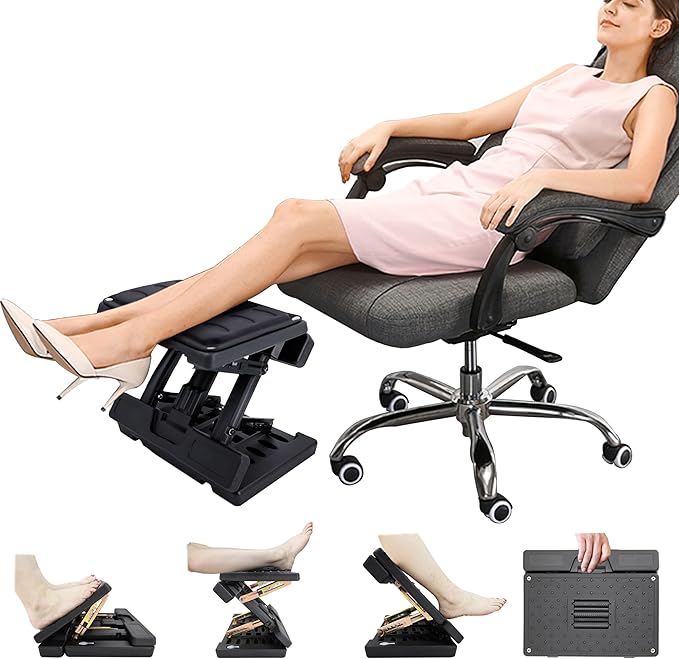 Adjustable Foot Rest and Footstool Under Desk, Ergonomic Leg Rest with Massage Roller, Height & Angle Adjustable, Detachable Cushion for Office and Home (Black)-DeskLoop Office