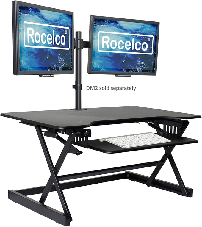 Rocelco 38" Large Height Adjustable Standing Desk Converter - Quick Sit Stand Up Dual Monitor Riser - Gas Spring Assist Tabletop Computer Workstation - Retractable Keyboard Tray - Black (R DADRB-38)-DeskLoop Office