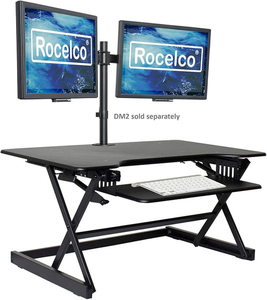 Rocelco 38" Large Height Adjustable Standing Desk Converter - Quick Sit Stand Up Dual Monitor Riser - Gas Spring Assist Tabletop Computer Workstation - Retractable Keyboard Tray - Black (R DADRB-38)-DeskLoop Office