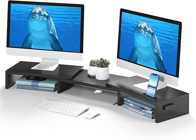 BONTEC Dual Monitor Stand Riser with Smartphone Holder, Adjustable Length & Swivel Angle, Ergonomic Wooden Desktop Organizer for PC Monitor, Laptop, Printer, Large Storage, Black-DeskLoop Office
