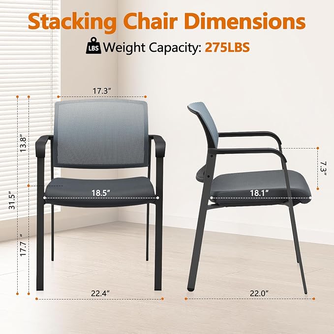 CLATINA Mesh Back Stacking Arm Chairs with Upholstered Fabric Seat and Ergonomic Lumber Support for Office School Church Guest Reception Grey (Gray-4 Pack)-DeskLoop Office